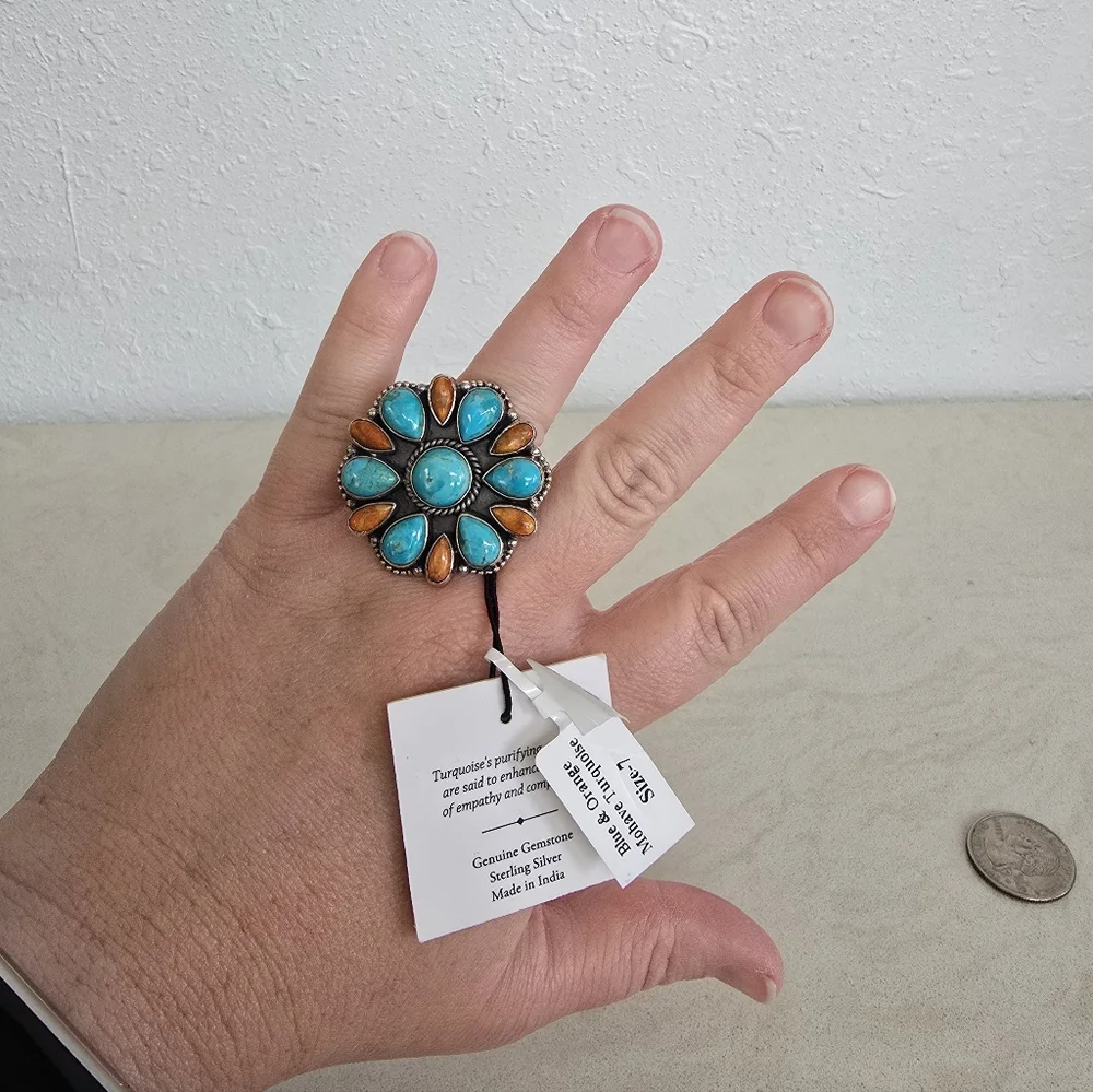 Large Sterling Silver Mohave Blue & Orange Turquoise Cluster Floral Ring 7 NWT